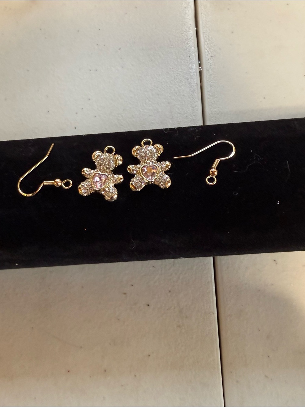 Gold Teddy Bear Crystal Drop Earrings - Gold Tone